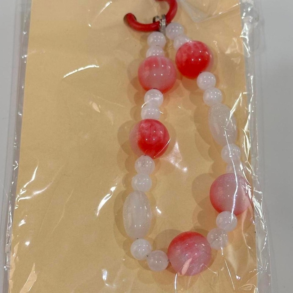 Handmade Red & White Marbled Beaded Phone Charm Wristlet Keychain